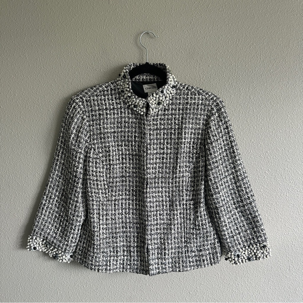 Chico's Black and White Tweed Blazer with Beaded Trim 1